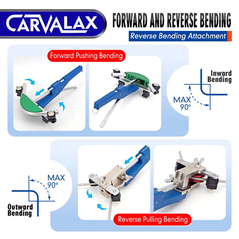 Blue Cavalax 90° ratcheting tube bender kit with color-coded aluminum heads for 1/4 to 7/8 in pipes; includes cutter.