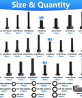 Knockout 2285 Piece Metric Screw Assortment Kit with M2 M3 M4 M5 socket bolts and washers sizes and quantities chart.