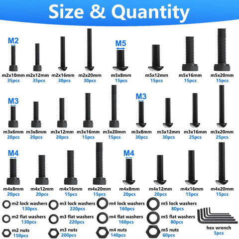 Knockout 2285 Piece Metric Screw Assortment Kit with M2 M3 M4 M5 socket bolts and washers sizes and quantities chart.