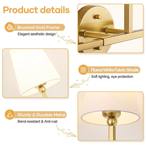 Top Tier Three Light Brushed Gold Vanity Lights With Flared White Fabric Shades Smooth Bathroom Mirror Fixture with detailed design.