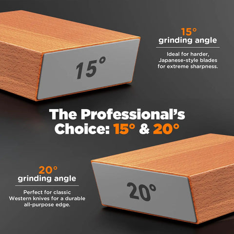 Rolling Knife Sharpener With Magnetic Angle Guide 15 And 20 Degree Two-Stage Diamond Ceramic Sharpening Kit With N52 Magnets Heavy Duty Wood Base Kitchen Knife Sharpener Tool Gift For Men Dad showing 15 and 20 degree grinding angles on wood base.