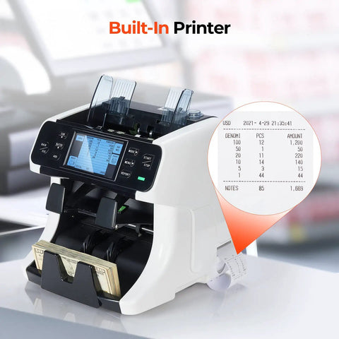 Effortless Cash Counter Machine With Dual Buckets Lightning Fast Mixed Bill Sorting And Legit Currency Verification Featuring Intuitive Touchscreen Interface and Built-In Printer.