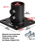 Image showing a beefy black chain link fence post floor flange fits 2 3 8 inch OD posts 2 and a half inch base with five pre drilled holes for quick mount and strong ground attachment, includes dimensions and bolt details.