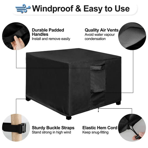 Waterproof Square Patio Ottoman Cover That Shields Against Rain And Sun UV Windproof All Weather Heavy Duty Outdoor Furniture Protector 25L By 25W By 17H Inches Black with handles, vents, buckles, and elastic cord.