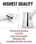 Go-To Turkish Coffee Pot Cezve Ibrik Briki Stainless Steel Stove Top Pot For Turkish Arabic Greek Brews Milk Warmer Chocolate Melting Pot With Spout 16.9 Oz (500 Ml) showing side and front views highlighting stainless steel material and handle design.