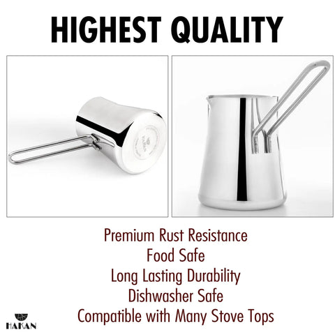 Go-To Turkish Coffee Pot Cezve Ibrik Briki Stainless Steel Stove Top Pot For Turkish Arabic Greek Brews Milk Warmer Chocolate Melting Pot With Spout 16.9 Oz (500 Ml) showing side and front views highlighting stainless steel material and handle design.