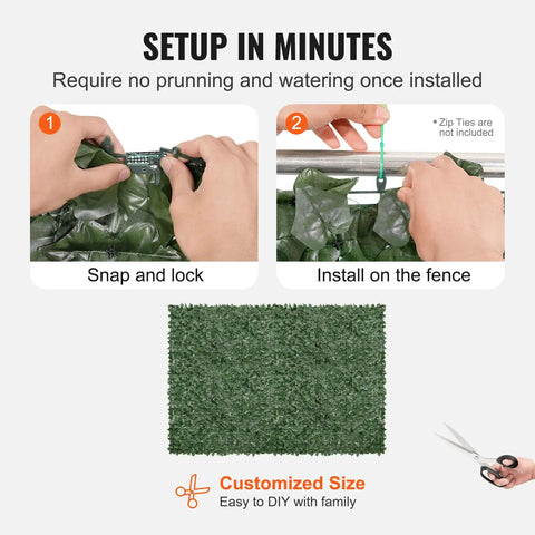Hands installing Faux Ivy Privacy Fence Screen With Realistic Veined Leaves 96 Inch By 72 Inch Mesh Backed Greenery Wall Decor