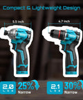 Kick Ass Cordless Drill And Brushless Impact Driver Power Tool Combo Kit For Home Diy Tasks, featuring compact sizes of 5.5 and 4.7 inches.