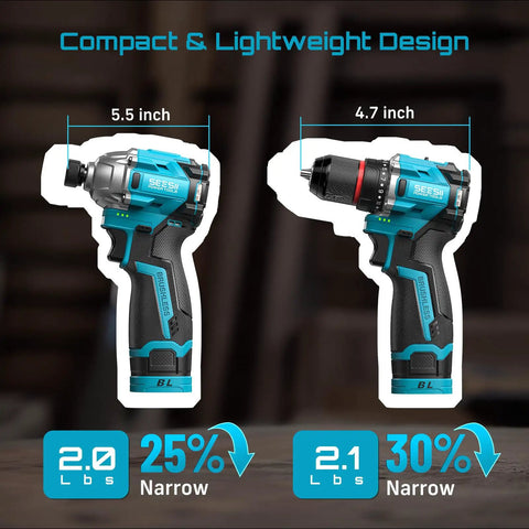 Kick Ass Cordless Drill And Brushless Impact Driver Power Tool Combo Kit For Home Diy Tasks, featuring compact sizes of 5.5 and 4.7 inches.