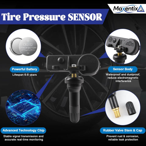 Four Pack TPMS Tire Pressure Monitoring Sensors Direct Replacement Fits Chevy Silverado 1500 Equinox Tahoe GMC Sierra 1500 Yukon Acadia 2007 To 2022 Dead On Fit Guarantee with battery and technology features.