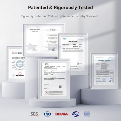 Framed certifications showcasing rigorous testing for the Ergonomic Office Chair With Auto Following Lumbar Support.