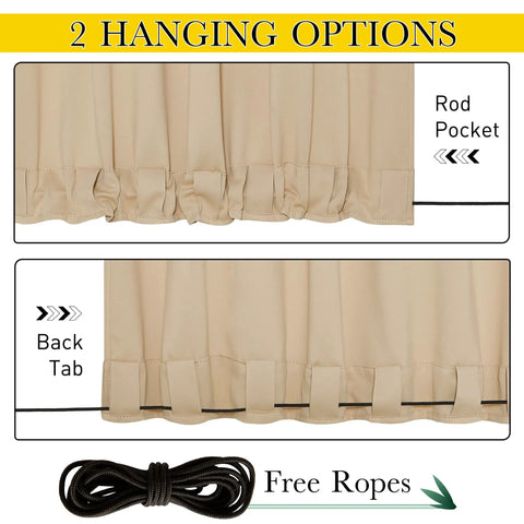 Two Panels Outdoor Patio Curtains Waterproof And Windproof Thermal Insulated Top And Bottom Grommets Back Tab Light Blocking With Bonus Rope Biscotti Beige 66 By 84 Inches showing hanging options with rod pocket and back tab, including free rope.