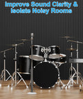 Super Thick High Density Black Acoustic Foam Panels Four Pack Sound Deadening Wall Tiles For Recording Studio And Home Office Quiet Vibes Dope Setup, black drum kit setup with microphone on wooden floor.