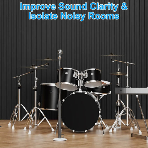 Super Thick High Density Black Acoustic Foam Panels Four Pack Sound Deadening Wall Tiles For Recording Studio And Home Office Quiet Vibes Dope Setup, black drum kit setup with microphone on wooden floor.