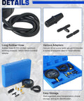 Front view of DASBET car vacuum and fuel pump tester kit with long rubber hose, adapters, and blue case.