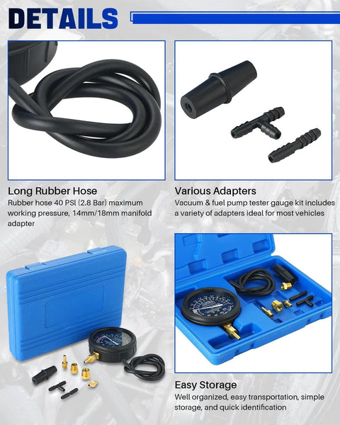 Front view of DASBET car vacuum and fuel pump tester kit with long rubber hose, adapters, and blue case.