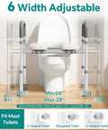 Heavy Duty Aluminum Toilet Seat Riser For Seniors With Sturdy Handle Bars And Thick Memory Padded Cushion Takes 400 Pounds No Sweat Install Quick Bathroom Swap showing adjustable width for different toilet types.