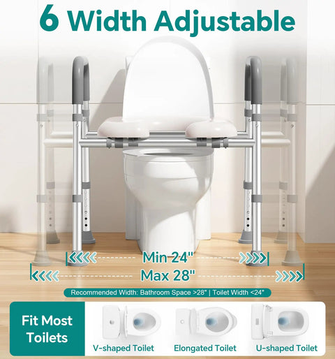 Heavy Duty Aluminum Toilet Seat Riser For Seniors With Sturdy Handle Bars And Thick Memory Padded Cushion Takes 400 Pounds No Sweat Install Quick Bathroom Swap showing adjustable width for different toilet types.