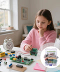 Girl assembling Dope 1818-Piece Electronics Component Kit With LEDs Transistors Resistors And Capacitors Includes PCB Prototype Board And Latching Waterproof Plastic Case For Easy DIY Projects And Quick Component Organization on table