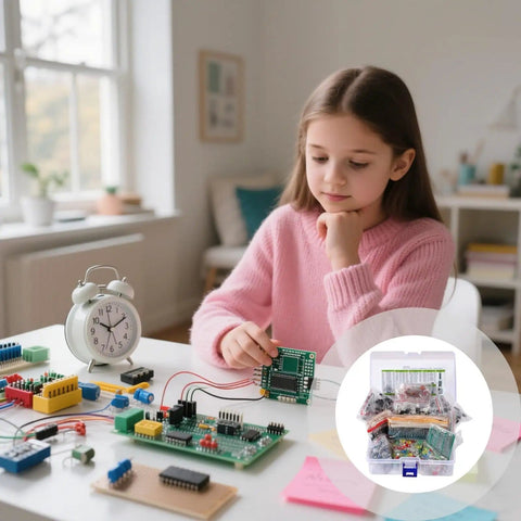 Girl assembling Dope 1818-Piece Electronics Component Kit With LEDs Transistors Resistors And Capacitors Includes PCB Prototype Board And Latching Waterproof Plastic Case For Easy DIY Projects And Quick Component Organization on table