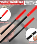 61 Piece Thread Chaser Set For Rethreading And Bolt Repair Pro Grade, SAE And Metric Taps Dies, Thread Files And Pitch Gauges, Restore Rusted Threads Without Replacing Bolts, Perfect For Home Mechanics And DIY Buffs showing three black thread files with red handles and detachable caps.