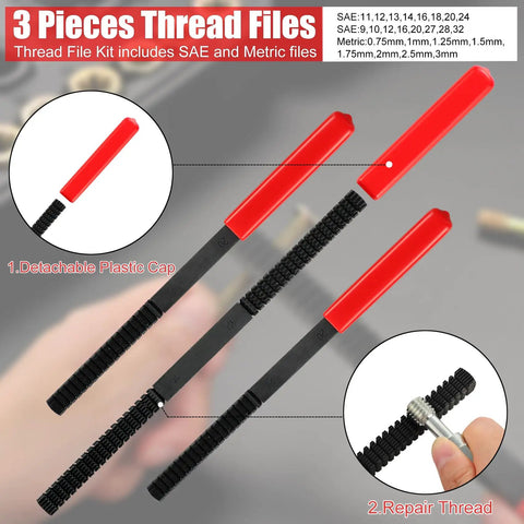 61 Piece Thread Chaser Set For Rethreading And Bolt Repair Pro Grade, SAE And Metric Taps Dies, Thread Files And Pitch Gauges, Restore Rusted Threads Without Replacing Bolts, Perfect For Home Mechanics And DIY Buffs showing three black thread files with red handles and detachable caps.