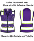 Straight Up High Visibility Reflective Safety Vest For Women With Deep Zippered Pockets, Ladies Fitted Mesh Work Vest, 3M Tape, Purple Medium, Built Tough For The Daily Hustle front and back view showing deep pockets and reflective details.