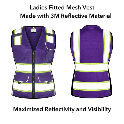 Straight Up High Visibility Reflective Safety Vest For Women With Deep Zippered Pockets, Ladies Fitted Mesh Work Vest, 3M Tape, Purple Medium, Built Tough For The Daily Hustle front and back view showing deep pockets and reflective details.