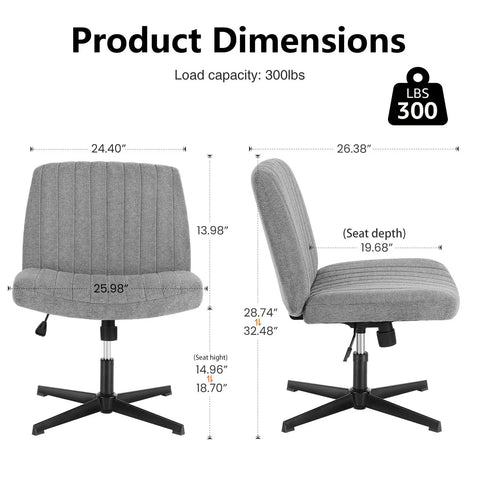 Product dimensions of Armless Swivel Office Chair With Wide Padded Seat, Height Adjustable From 15.94 To 19.69 Inches, No Wheels