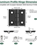 Aluminum profile hinge dimensions graphic for Built Tough 3030 Aluminum Extrusion Door Hardware Kit.