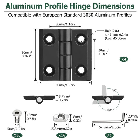 Aluminum profile hinge dimensions graphic for Built Tough 3030 Aluminum Extrusion Door Hardware Kit.