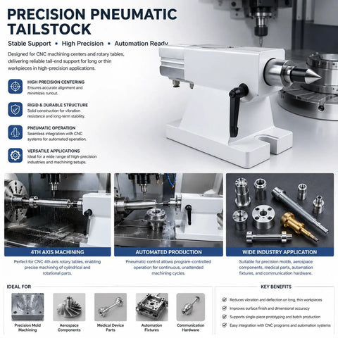 Heavy Duty Cnc 4 Axis Pneumatic Tailstock With 50Mm Stroke Plug And Play Rig Built Tough For Hardworking Lathe Tasks And Precision Mold Assembly At 145Mm Center Height, showcasing its durable structure and CNC integration.