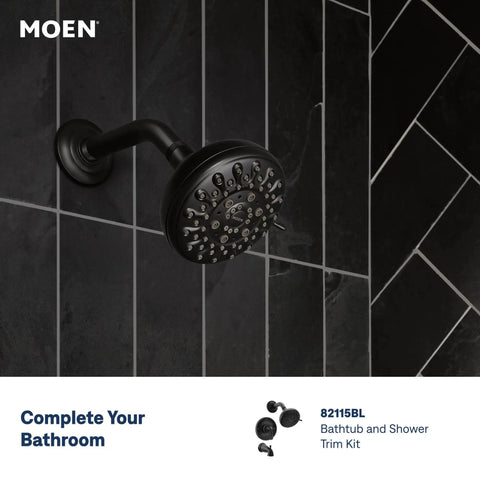Top Shelf Matte Black Two Handle Centerset Bathroom Sink Faucet With Premium Drain Assembly For Quick Four Inch Setup Solid Flow Control mounted on black tile wall.