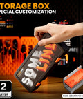 Hand holding a customized black and orange storage box, two-layer design, size 238x104x48mm, with tools in the background.