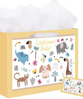 14.5 Inch Unisex Baby Gift Bag Set With Tissue Paper And Greeting Card For Baby Shower And Birthday Parties Cute Animal Design Colorful Tot Friendly Gift Bag For Boys And Girls