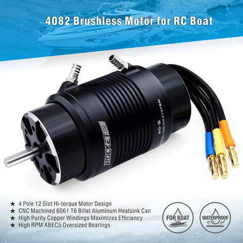 Powerhouse 1600KV Waterproof Brushless RC Boat Motor With Cooling System To 650 To 800mm Boats Built For Big Torque Fast Speeds And Tough Durability Ready, shown with aluminum heatsink and wiring details