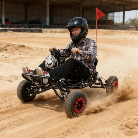 Person driving a Rugged 2000W Electric Go Kart For Adults And Kids Off Road Beast With 6 Inch Alloy Wheels on dirt track