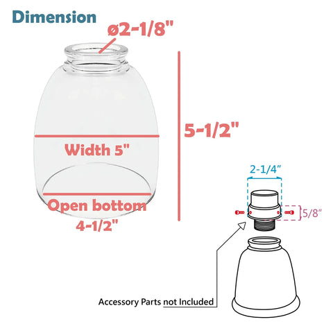 Clear Glass Shade Replacement Bell Style dimensions: 5-1/2 inch high, 2-1/8 inch fitter, 4-1/2 inch bottom opening, 5-inch width.