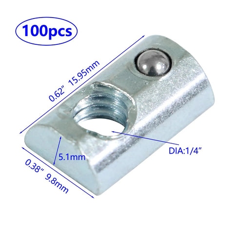 Top Shelf 1/4 Inch 20 Threaded Steel Roll In T Nut With Ball Spring For 10 Series Aluminum Extrusion Profile Rails No Sweat Setup Slide On Durable Industrial Hardware Kit Pack Of 100 close-up view showing dimensions and silver finish.
