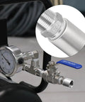 Rock Solid One Point Two Five Inch Double Female NPT Pipe Coupler 304 Stainless Steel Heavy Duty Rust Proof Connector For Fuel Transfers And Cooling Lines Everyday Workhorse Grade Hardware with pressure gauge.