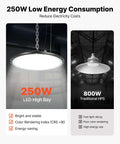 250W LED high bay light in industrial setting, labeled with energy efficiency comparison to 800W traditional HPS