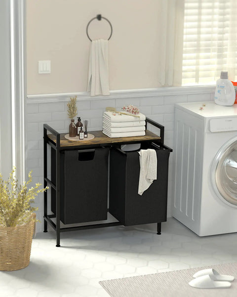 Dual 11 Gallon 42L Laundry Hamper With Removable Liners Divided Laundry Sorter On A Sturdy Metal Frame in laundry room