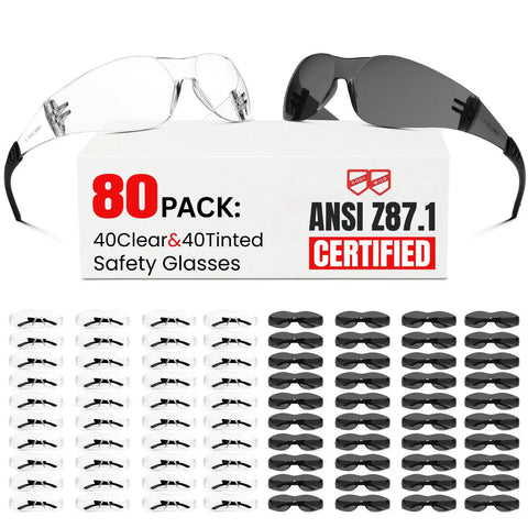 Bulk Safety Glasses Pack 80 Count With 40 Clear Glasses And 40 Sunglasses For Men And Women Built Tough for Construction