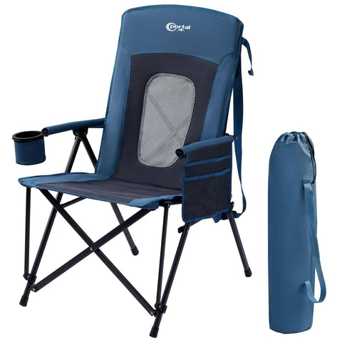 Oversized Folding High Back Lawn Chair for Adults With Cup Holder, Carrying Strap, Hard Armrests, 400Lb Capacity, Blue, Ideal for Camping