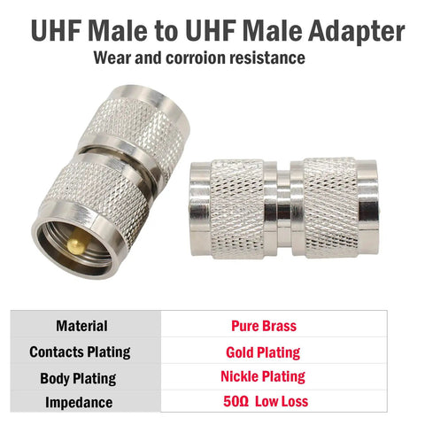UHF Male To Male Coax Connector 4 Pack PL259 Plug And Play Adapter for ham radio with brass, gold, nickel plating.