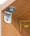 Heavy Duty L Brackets 10 Pack With 20 Screws Rust Resistant Stainless Steel Corner support at a 90 degree angle on wood.