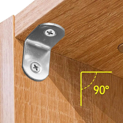 Heavy Duty L Brackets 10 Pack With 20 Screws Rust Resistant Stainless Steel Corner support at a 90 degree angle on wood.