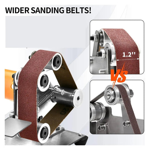Mini Electric Belt Sander For DIY Polishing And Grinding showing wider sanding belts on compact tool for efficient wood and metal work.