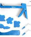All In One Caulk Gun Kit With No Drip Silicone Caulking Gun And Caulking Tools For Kitchen And Bathroom Sealing shown with blue tools