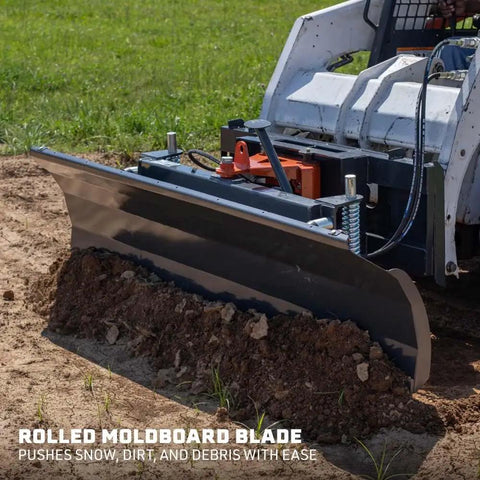 Beast 79 Inch Hydraulic Dozer Blade For Skid Steer With SSQA Quick Attach Snow Blade pushing dirt on grassy terrain